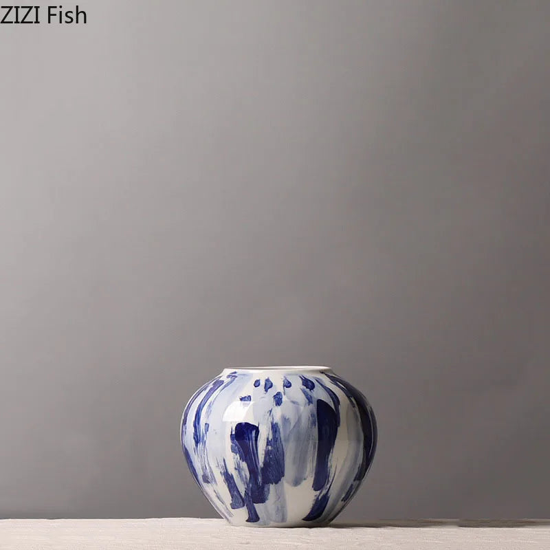 Afralia™ Blue & White Porcelain Vase: Ink Style Flowers, Aesthetic Room Decor