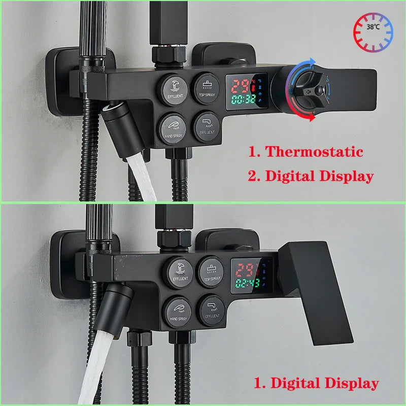 Afralia™ Digital Display Thermostatic Shower Faucet Set, Rain Shower Column, Wall Mount - Black/Chrome
