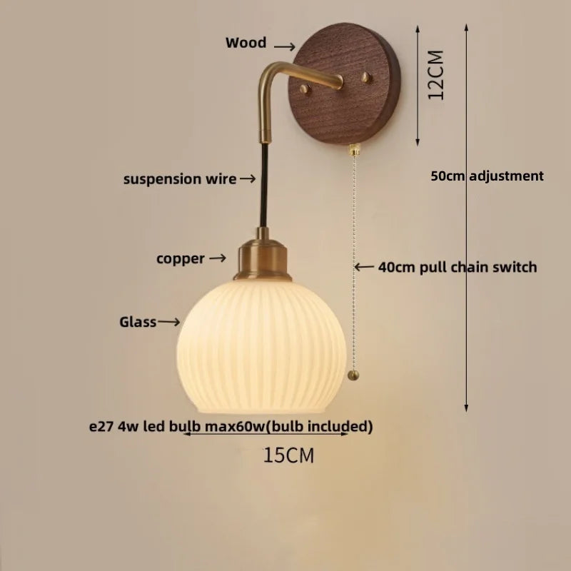 Afralia™ Wood LED Wall Lamp with Pull Chain Switch for Living Room, Dining Room, Bathroom