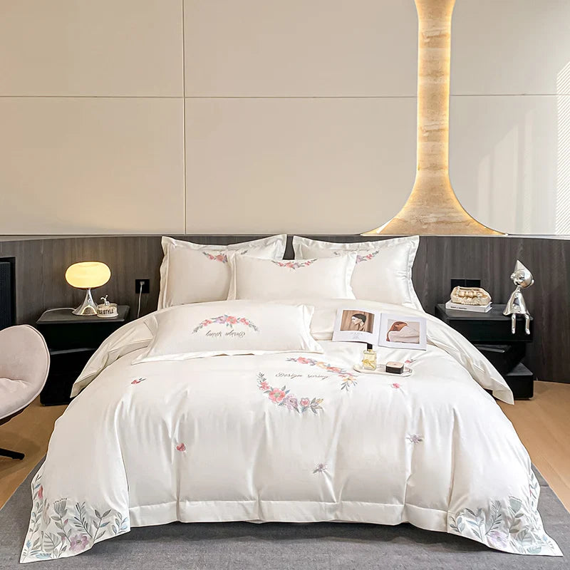 Afralia™ Luxury Flowers Embroidery Bedding Set: Duvet Cover, Sheet, Pillowcases