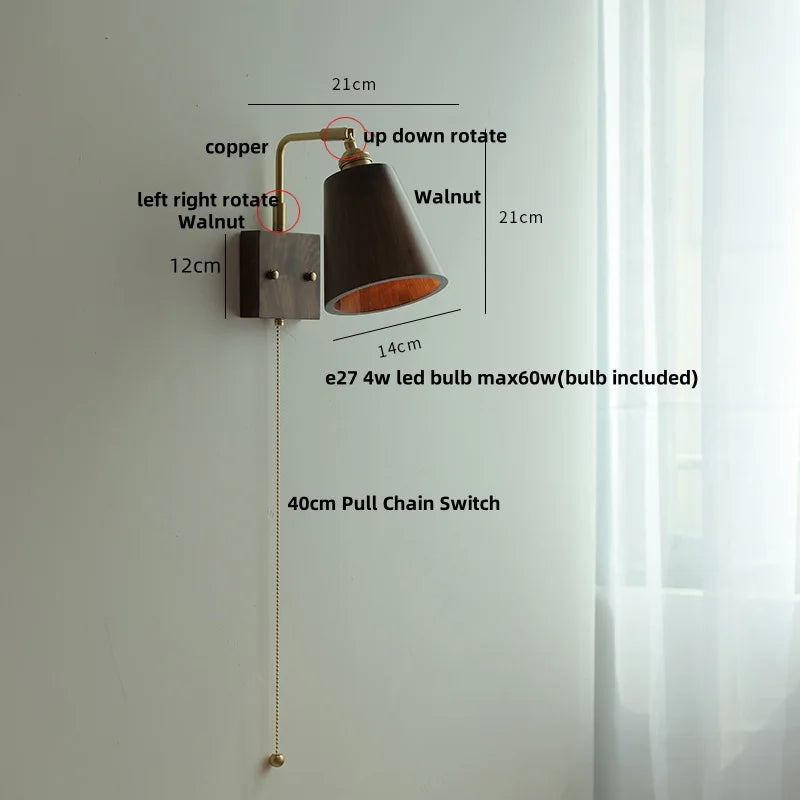 Afralia™ Copper LED Wall Light Sconce Pull Chain Switch Rotatable Bedside Lamp
