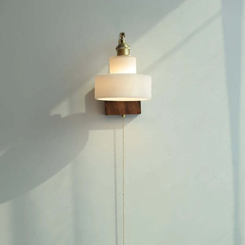Afralia™ White Glass LED Wall Light Fixture Walnut Wood Brass Pull Chain Switch