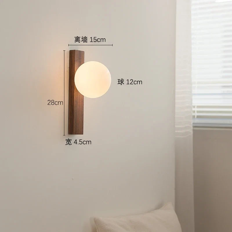 Afralia™ Walnut Wood and Glass Sphere Wall Sconce, Wabi-sabi Modern Style