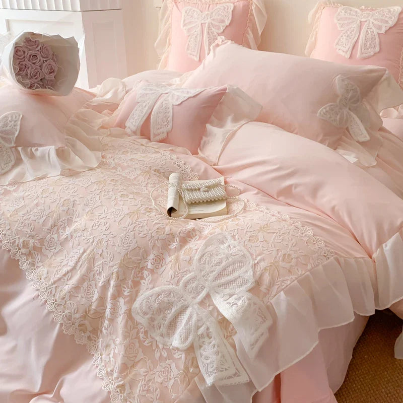Afralia™ Romantic Lace Ruffles Bedding Set with Bow Decoration - Pink Girls Duvet Cover Set