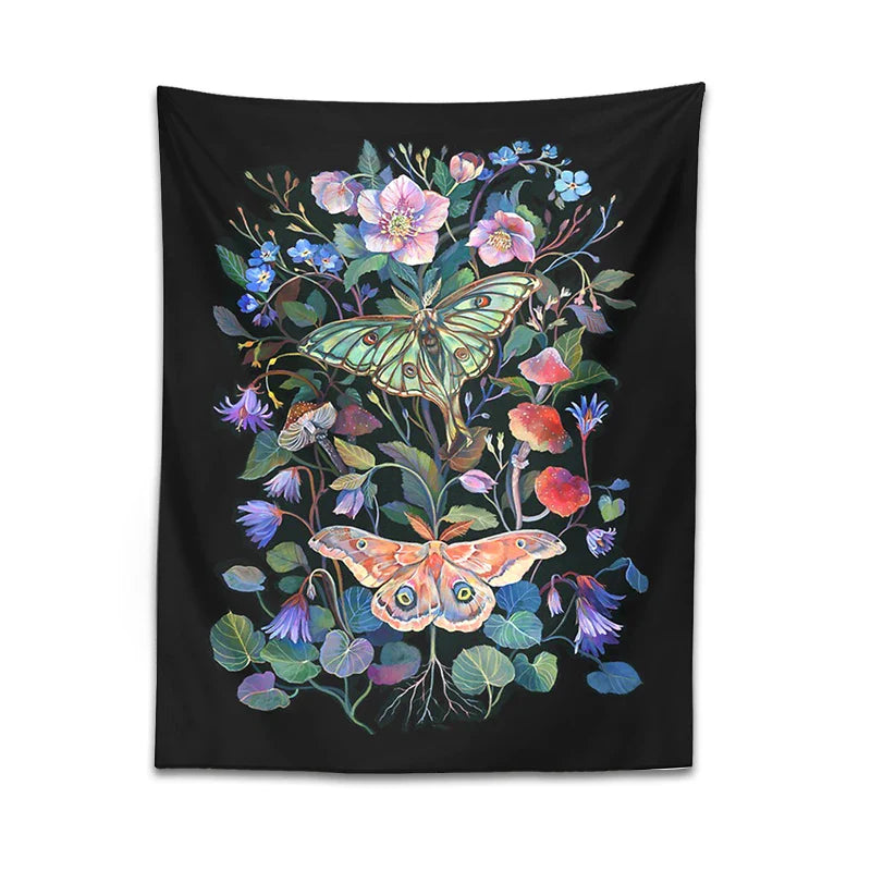 Moon Moth Tapestry Wall Hanging by Afralia™ - Floral Mushroom Witchcraft Wildflowers Dream Decor