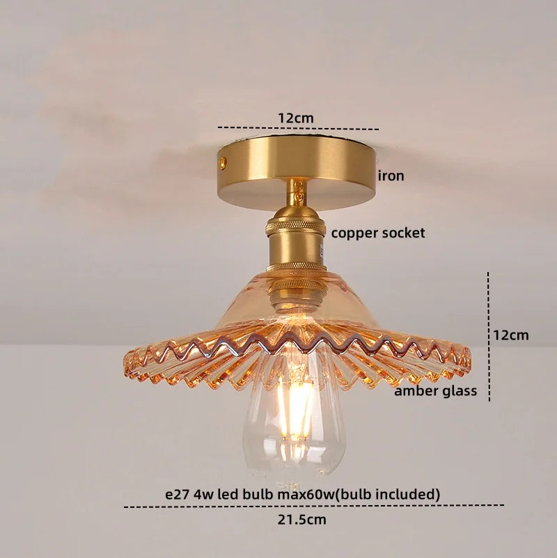 Afralia™ Green Glass Copper Ceiling Light Fixture Balcony Kitchen Modern LED Lamp