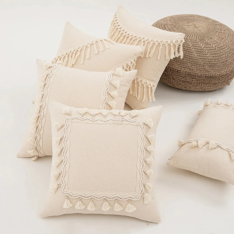 Afralia™ Morroco Beige Fringed Cushion Cover 30X50/45X45cm Handmade Cotton Weave Tassel Pillowcase