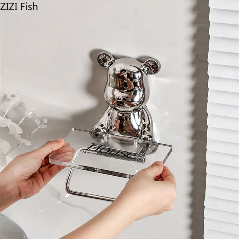 Afralia™ Silver Bear Tissue & Towel Rack: Acrylic Wall Storage for Bathroom Organization