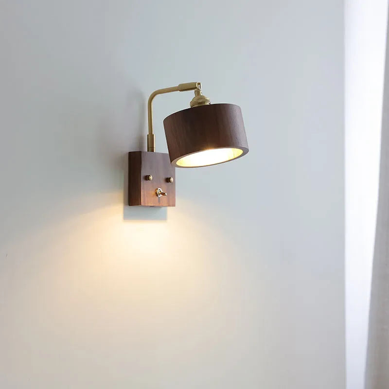Afralia™ Walnut Wood LED Wall Sconce Vintage Copper Toggle Switch Light