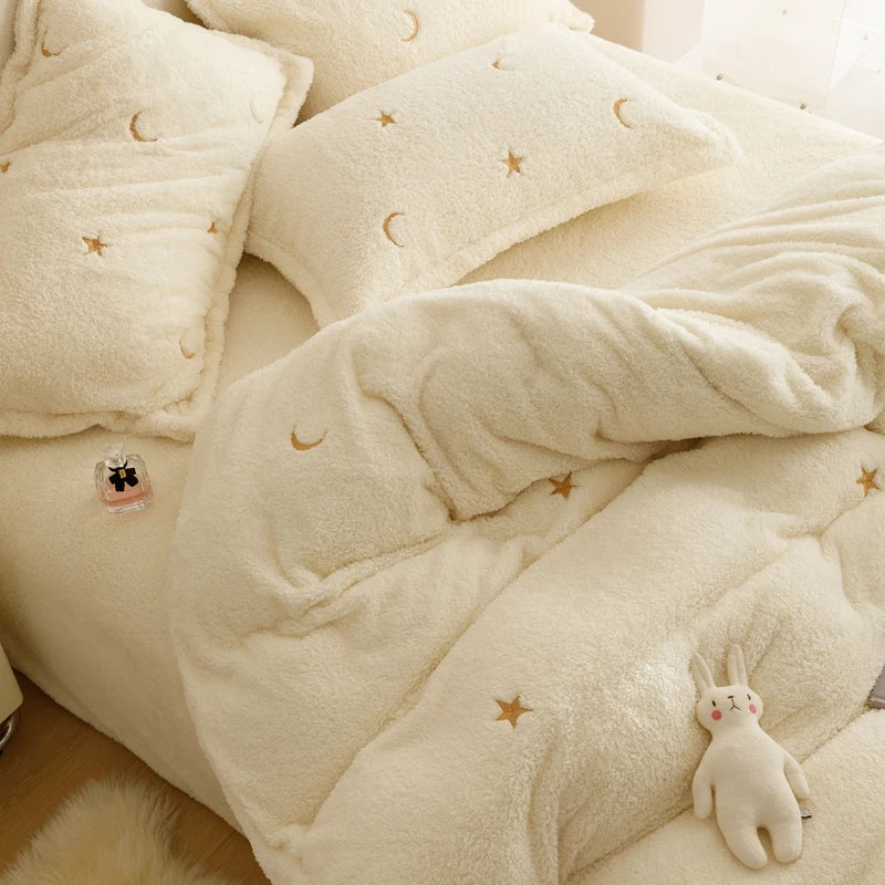 Afralia™ Berber Fleece Star Bear Embroidery Bedding Set - Cream White, Winter Home Textiles