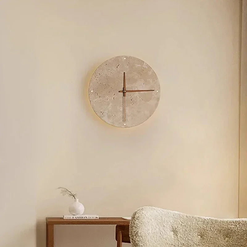 Afralia™ Travertine Marble Clock Wall Light for Creative Wabi Sabi Yellow Living Room