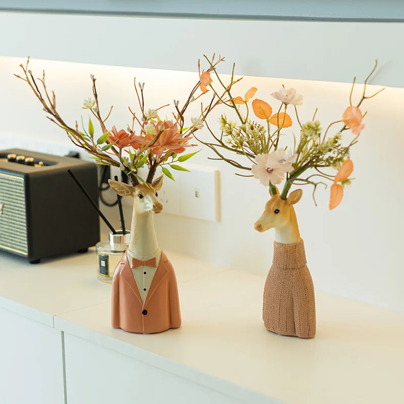 Afralia™ Cartoon Deer Vase Resin Handicraft, Home Decoration, Animal Sculpture