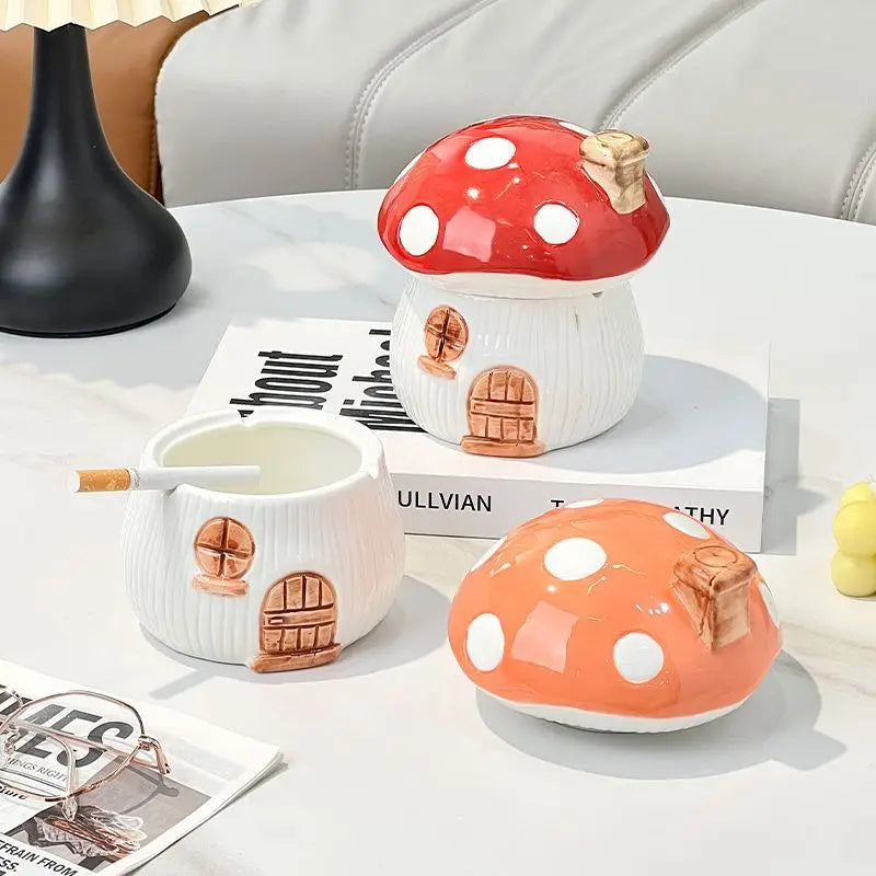 Afralia™ Mushroom Ceramic Ashtray with Lid – Home Art Decor, Countertop Ornament & Gift