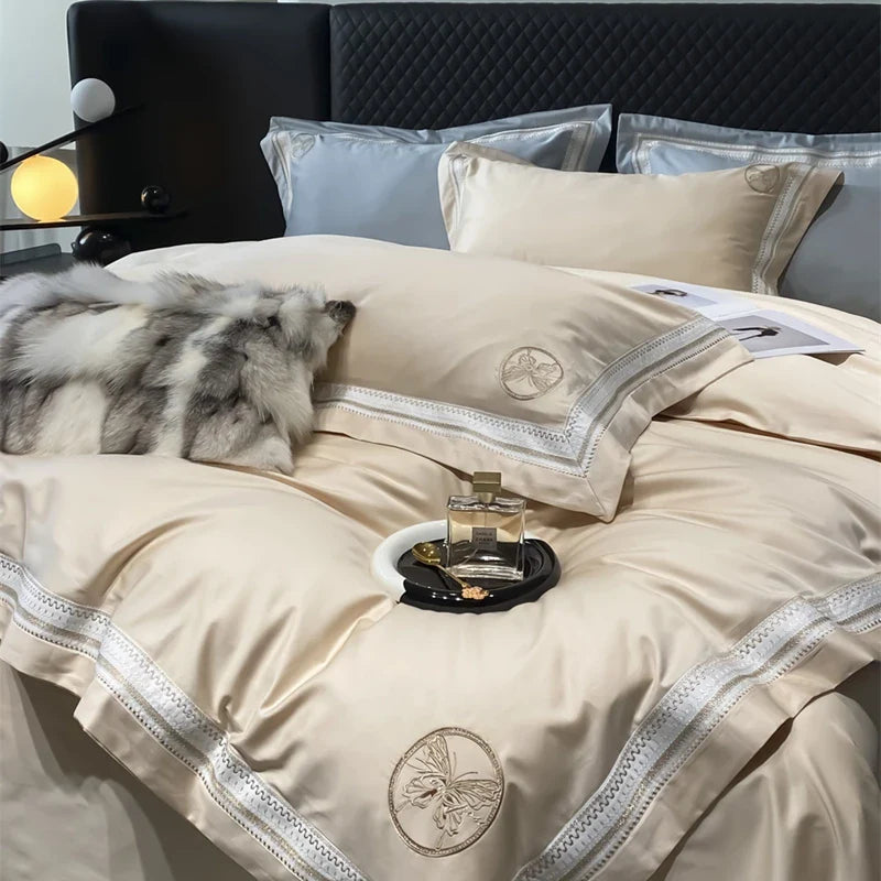 Afralia™ Luxury Butterfly Embroidery Champagne 4Pcs Bedding Set with Duvet Cover, Bed Sheet & Pillowcases