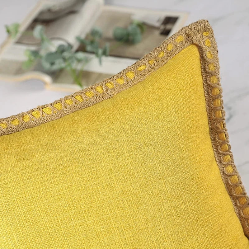 Afralia™ Rustic Linen Cushion Covers Set, Mustard Yellow Decorative Throw Pillows, 30x50cm - 50x50cm