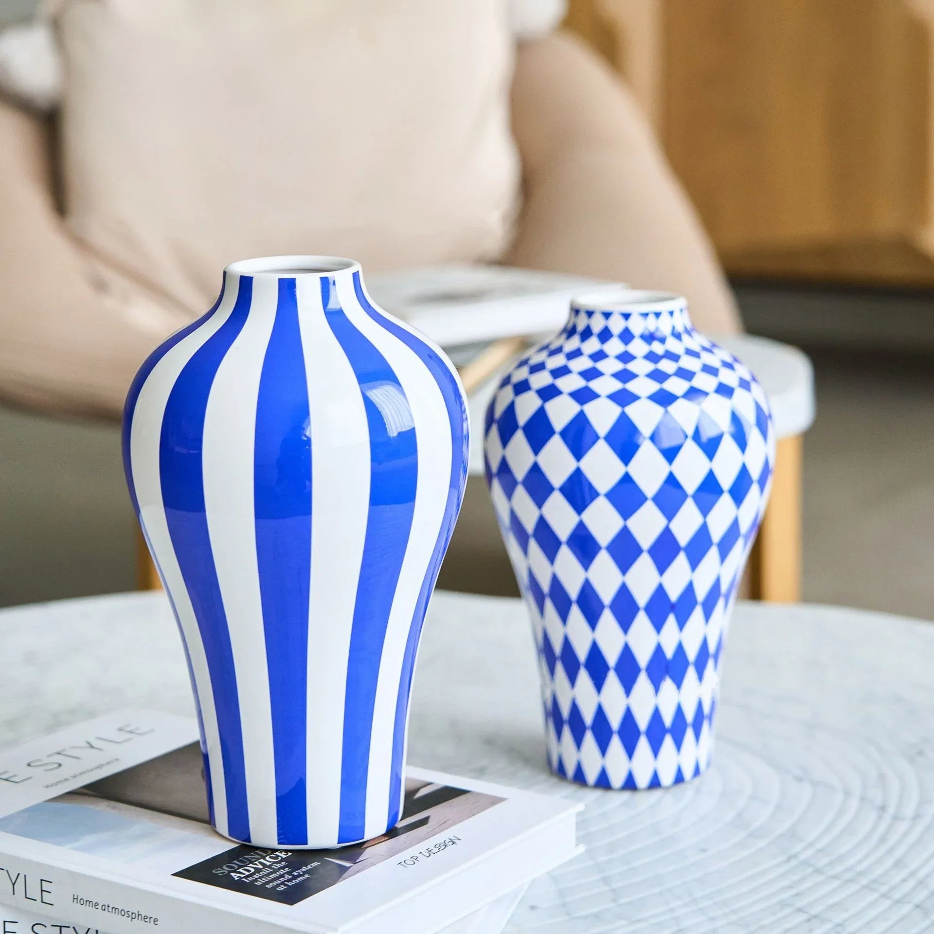 Afralia™ Blue Geometric Quilted Ceramic Vase - Polka Dots Pattern - Home Decor Craft