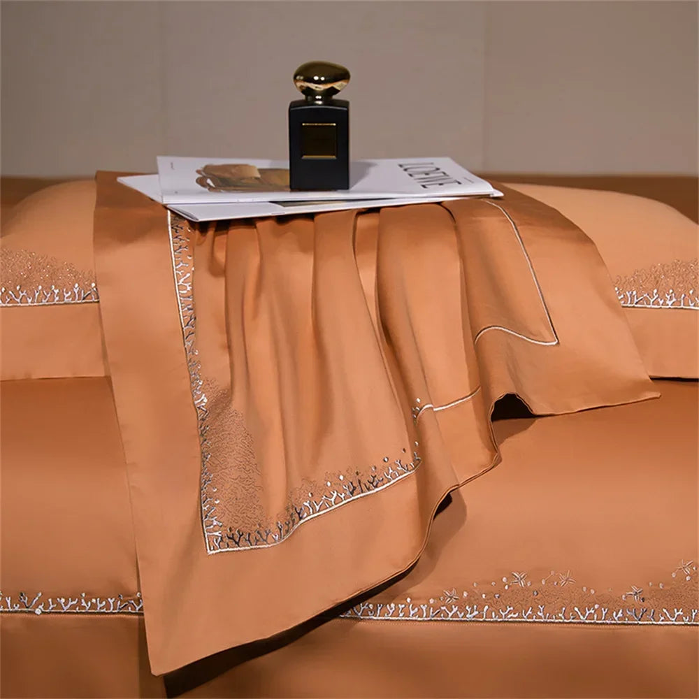 Afralia™ Jacquard Embroidery Egyptian Cotton Satin Bedding Set with Elastic Sheet