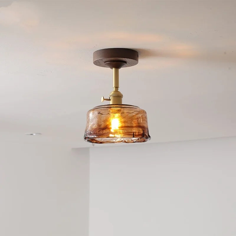 Afralia™ Amber Glass Copper LED Ceiling Light Fixture for Modern Home Decor