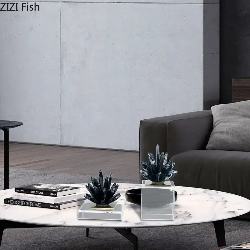 Afralia™ Black Agate Flower Crystal Art Desk Decoration on Crystal Base