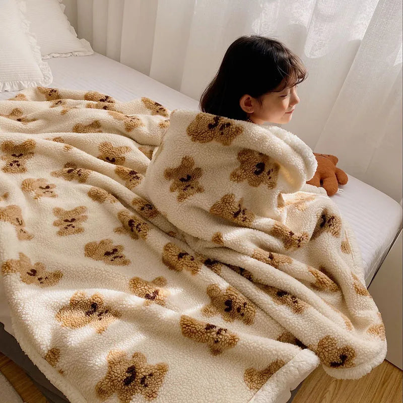 Afralia™ Little Bear Lamb Plush Blanket, Double Layered Warm Fleece Cover