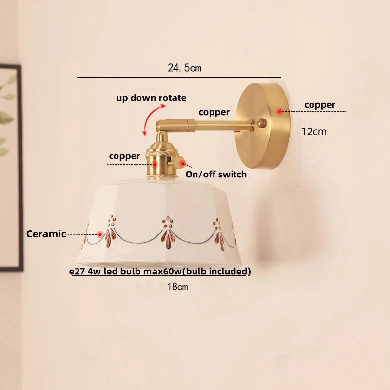 Afralia™ Ceramic LED Wall Lamps Pull Chain Switch Rotate Copper Vanity Light