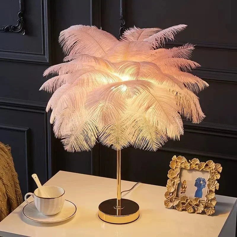 Afralia™ Nordic Ostrich Feather Table Lamp: Romantic Pink White Bedside Wedding Light