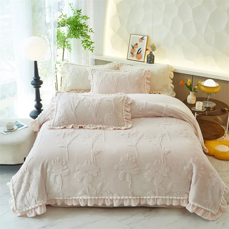 Velvet Ruffles Luxury Bedding Set by Afralia™: 3D Carved Plush Duvet Cover, Bed Sheet, Pillowcase