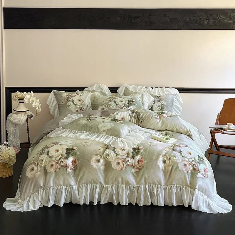 Afralia™ French Flowers Lace Ruffles Bedding Set: Soft Silky Ice Silk for Single Queen King