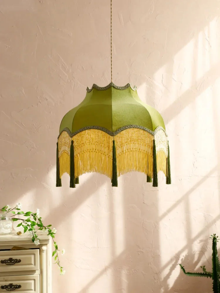 Afralia™ Vintage Green Velvet Tassels Pendant Lights Gold Lustre LED E27 for Home & Cafe