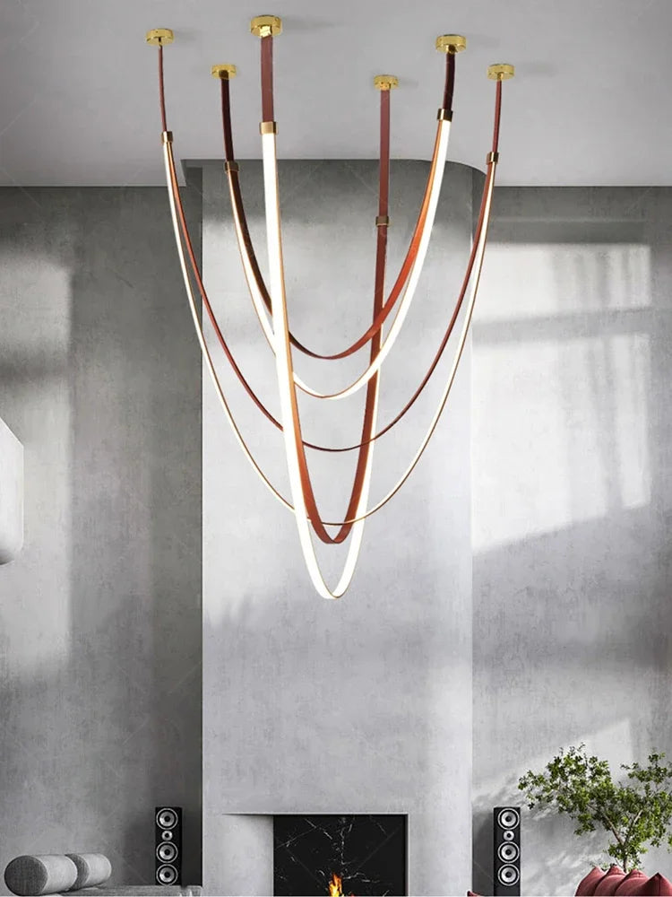 Afralia™ Designer Leather Chandelier Belt Pendant Light for Modern Spaces