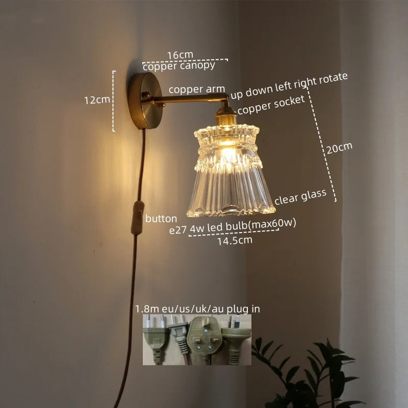 Afralia™ Vintage LED Wall Light Glass Copper Applique Da Parete