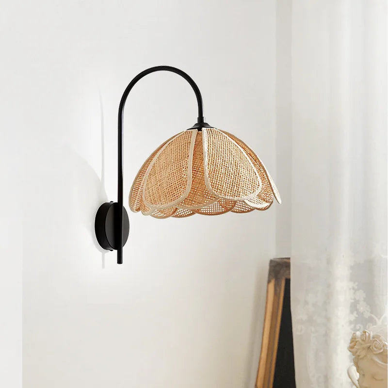 Afralia™ Rattan Weave Wall Lamp: Korean Style, Bedroom & Reading Lighting (Black Metal)