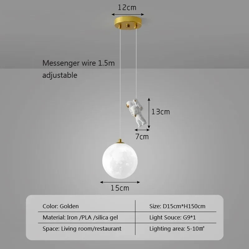 Afralia™ Astronaut Moon LED Pendant Light for Children's Room, Nordic Iron Design.