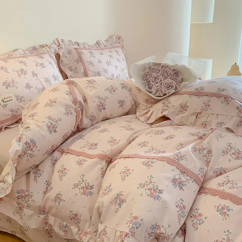 Afralia™ Princess Pastoral Cotton Bedding Set with Lace Ruffles & Floral Design