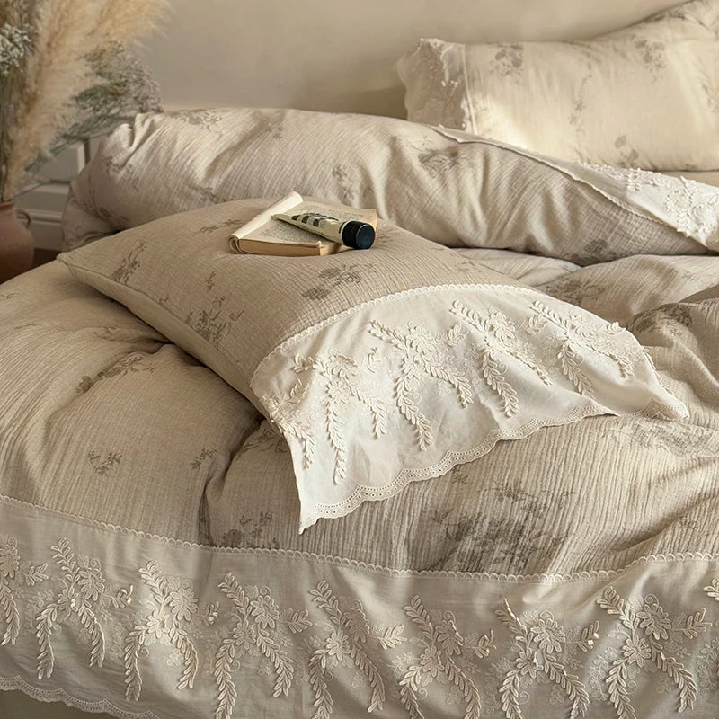 Afralia™ French Lace Flowers Bedding Set, 100% Cotton Double Layer, Soft Duvet Cover, Bed Sheet, Pillowcases