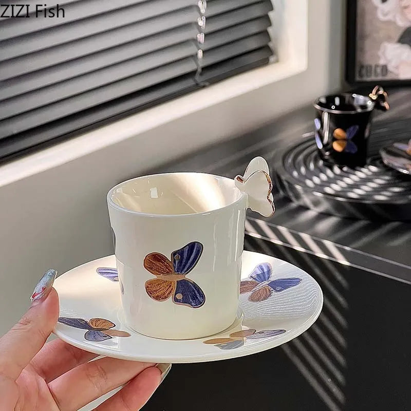 Afralia™ Butterfly Ceramic Tea Cup & Saucer Set for Elegant Dining Table Décor