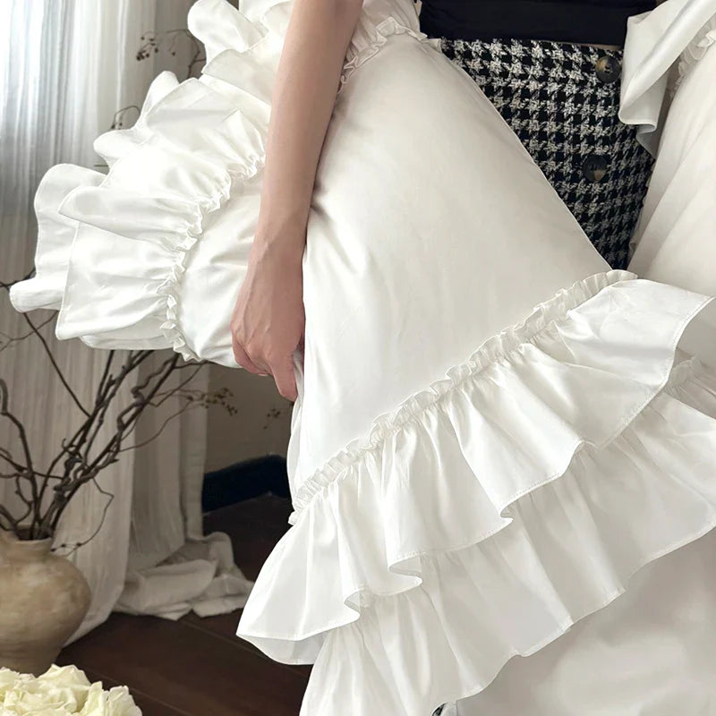 Afralia™ White French Princess Double Ruffles 1000TC Cotton Bedding Set