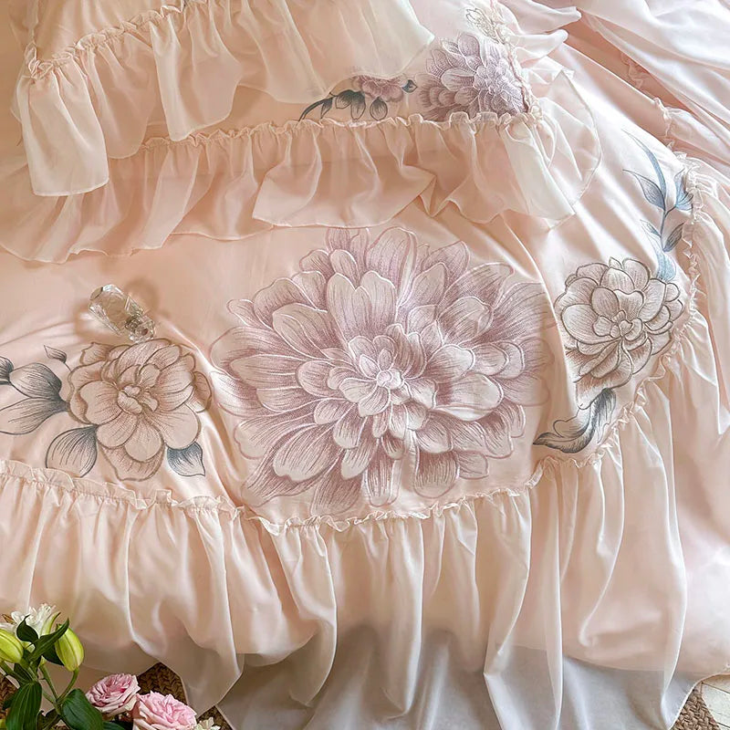 Afralia™ Pink Flowers Lace Ruffles Princess Bedding Set, 1200TC Egyptian Cotton Duvet Cover