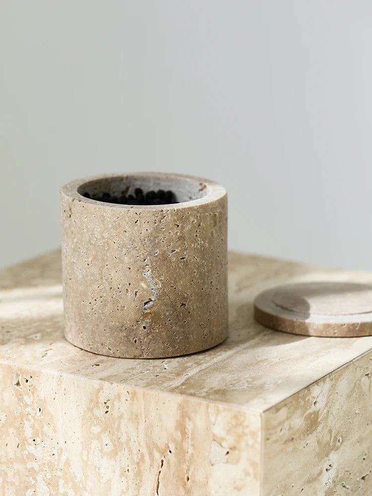 Afralia™ Round Marble Cotton Swab Holder & Spice Jar - Natural Stone Makeup Organiser