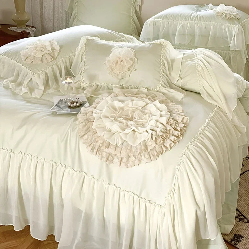 Afralia™ Luxury Wedding Embroidered Bedding Set with Handmade Flowers and Lace Edge