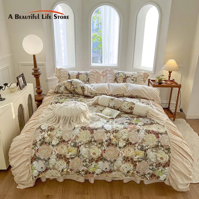 Afralia™ Vintage Floral Print Cotton Bedding Set with Ruffles & Pleats