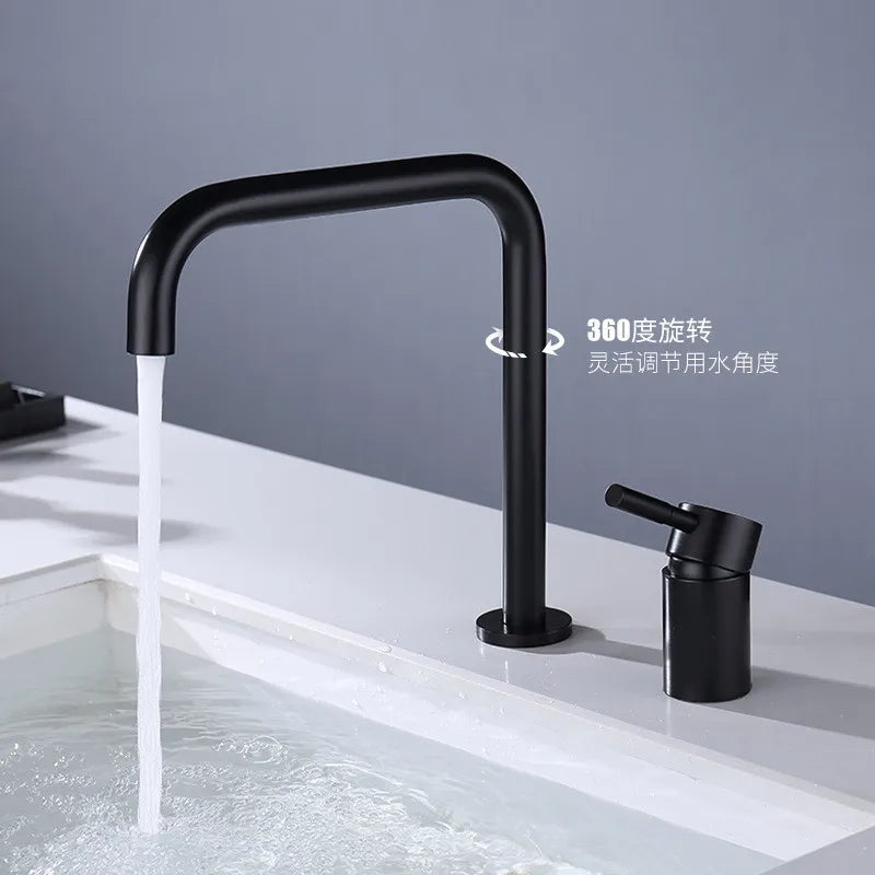 Afralia™ Black Basin Faucet: Brushed Gold Two-Hole Bathroom Sink Tap with Rotating Spout