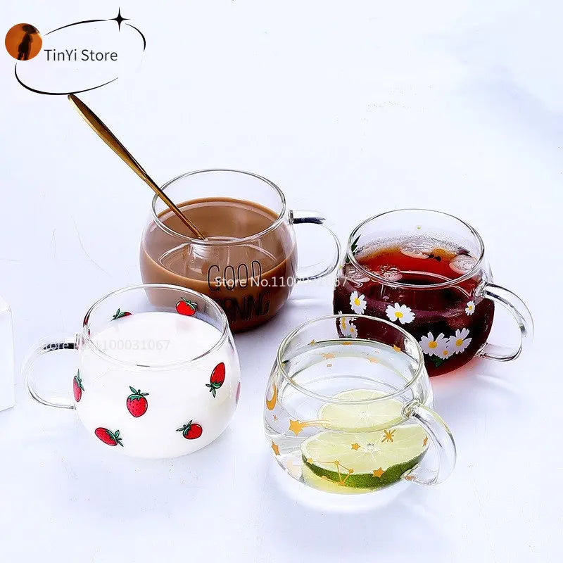 Afralia™ Cute Letter Glass Mug, 380ml: Strawberry Tea Coffee Cup, Breakfast Milk Drinkware