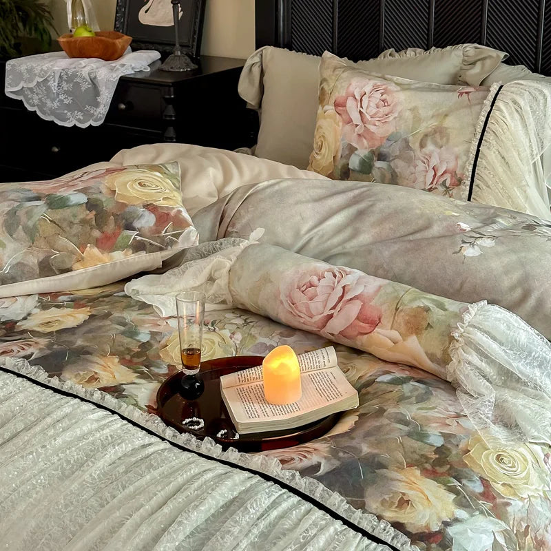 Afralia™ Double Lace Ruffles Egyptian Cotton Thickened Bedding Set - Duvet Covers, Sheet, Pillowcases