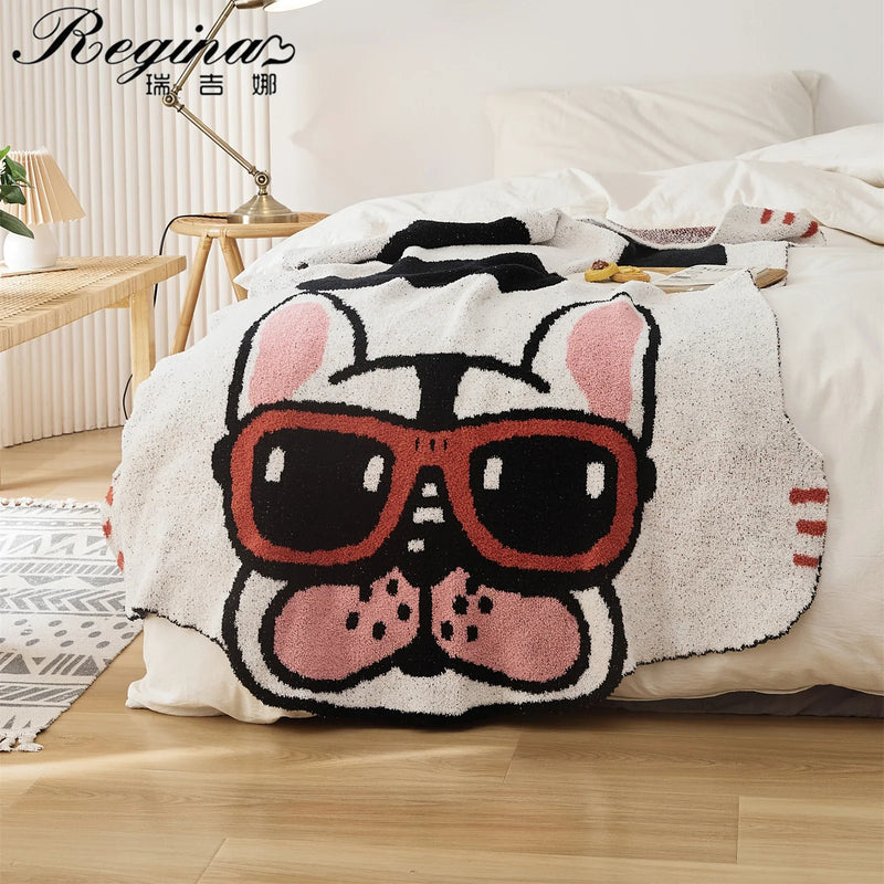 Afralia™ Kawaii Bulldog Knitted Blanket - Cozy Dog Design Throw Blanket