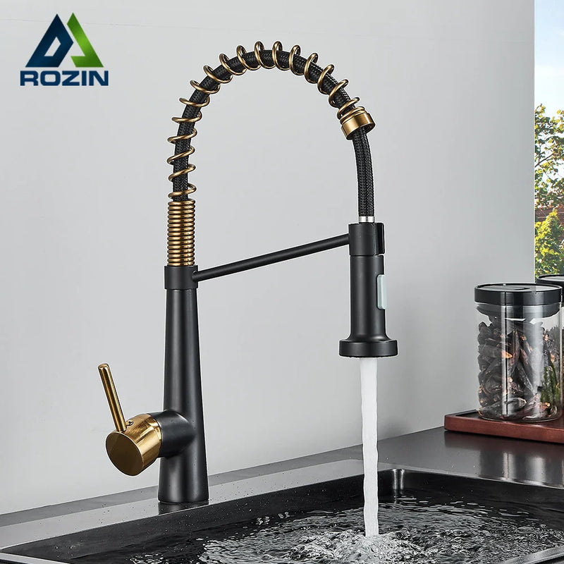 Afralia™ Black Gold Kitchen Faucet with Pull Down Sprayer