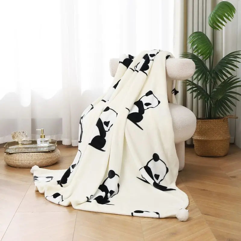 Afralia™ Cartoon Panda Flannel Double Sided Woolen Blanket for Home Office Sofa - Super Soft & Cozy