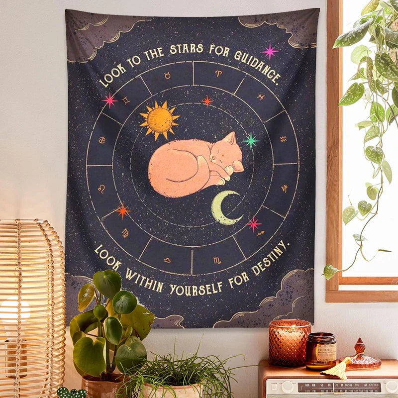 Afralia™ Tarot Cat Zodiac Astrology Sun Moon Wall Hanging Tapestry for Home Decor