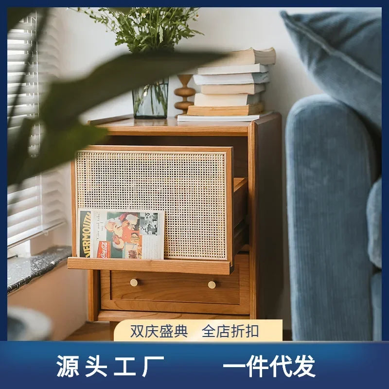 Afralia™ Rattan Weave Nightstand with Solid Wood Top, Multifunctional Bedside Storage Cabinet