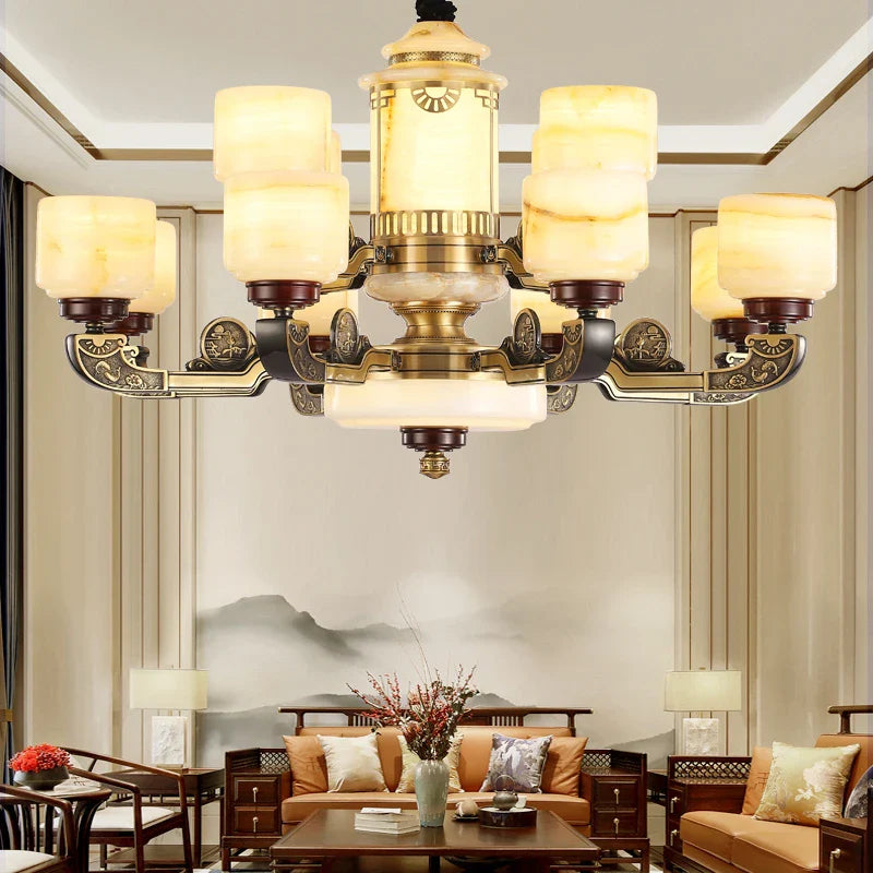 Afralia™ All Copper Jade Chandelier | Chinese Style Living Room Dining Room Lighting